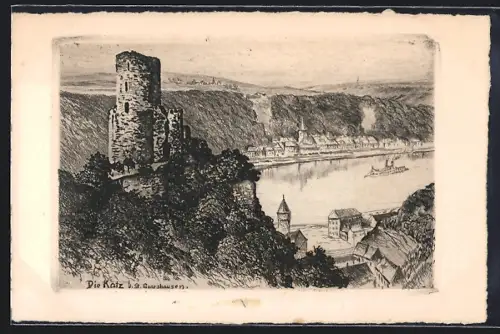 Künstler-AK St. Goarshausen, Burg Katz mit Blick auf den Ort