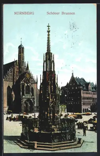 AK Nürnberg, Schöner Brunnen, Im Hintergrund Kirche