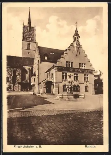 AK Friedrichshafen a. B., Rathaus mit Brunnen