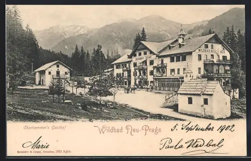 AK Neu-Prags, Oberhammer`s Gasthof mit Bergpanorama
