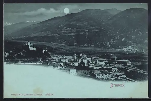 Mondschein-AK Bruneck, Ortsansicht im Monschein