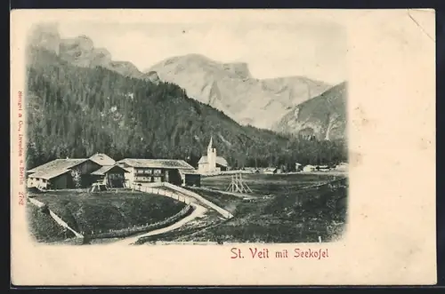 AK St. Veit, Ortsansicht mit Blick zur Kirche und zum Seekofel