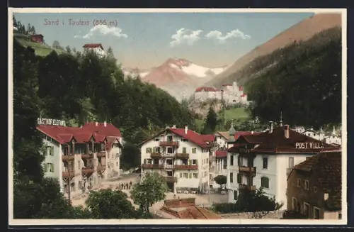 AK Sand i. Taufers, Ortspartie mit Gasthof Elefant, Gasthof Post und Post Villa