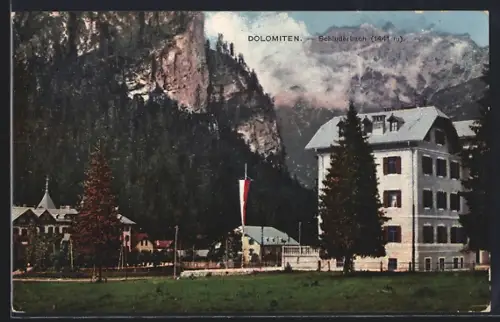 AK Schluderbach /Dolomiten, Ortsansicht mit Flagge