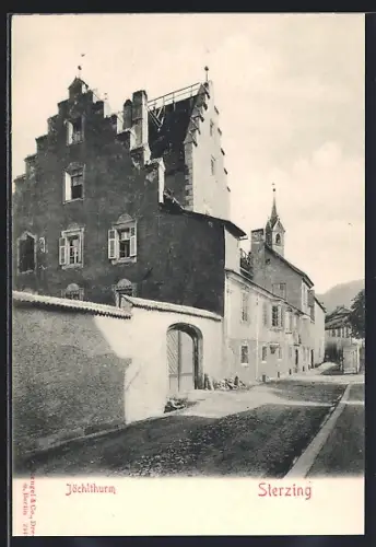 AK Sterzing, Jöchlturm u. Gebäude mit Strasse