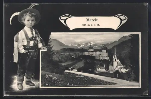 AK Mareit, Strassenpartie mit Schloss und Kirche, Junge in Tracht, Passepartout