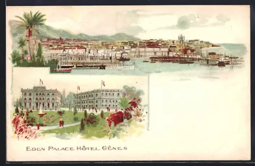 Lithographie Genes, Eden Palace Hotel, Blick über den Hafen auf die Stadt
