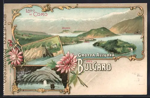 Lithographie Bulgarograsso /Lago di Como, Grotta Azzurra, Bellagio & Carpo