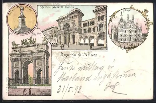 Lithographie Milano, Arco della Galleria Vitt. Emanuele, Duomo, Arco della Pace