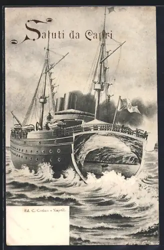 Künstler-AK Capri, Dampfer auf hoher See, Grotte mit Boot