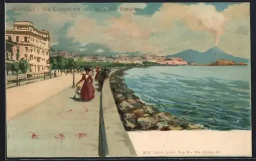 AK Napoli, Via Caracciola con vista del Vesuvio
