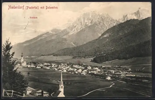 AK Niederdorf /Pustertal, Panorama mit Dolomiten