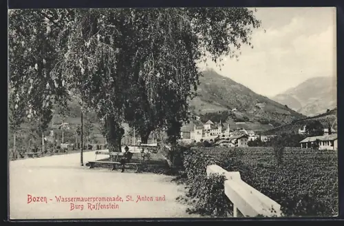 AK Bozen, Wassermauerpromenade, St. Anton und Burg Raffenstein