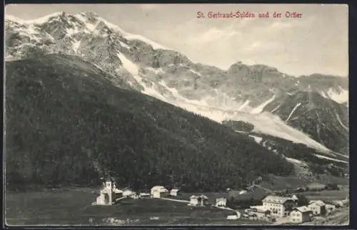 AK St. Gertraud-Sulden, Ortsansicht aus der Vogelschau mit Ortler