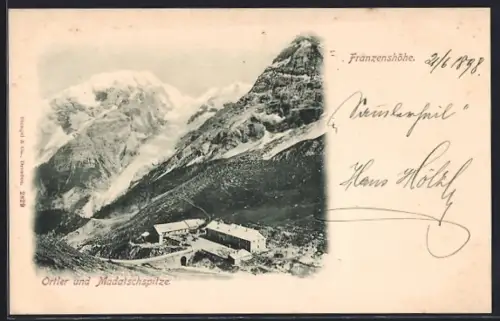 AK Franzenshöhe, Panorama mit Ortler und Madatschspitze