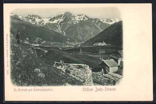AK St. Gertrud /Stilfser Joch-Strasse, Panorama mit Schöntaufspitze