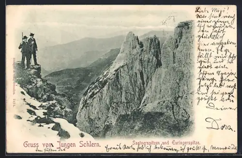 AK Seis am Schlern, Gruss von jungen Schlern, Bergsteiger mit Euringerspitze und Santnerspitzen
