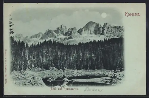 Mondschein-AK Karersee, Blick auf Rosengarten