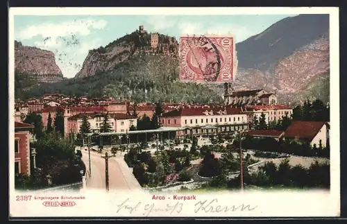AK Arco, Kurpark, Burg auf Berg im Hintergrund