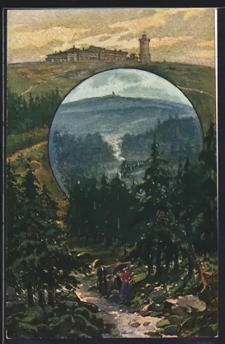 Künstler-AK Otto Hammel: Brocken, Eisenbahn, Brockenhotel