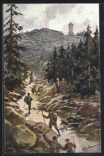 Künstler-AK Brocken, Wandersleute beim Aufstieg