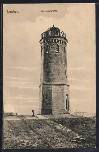 AK Brocken, Aussichtsturm bei Sonnenaufgang