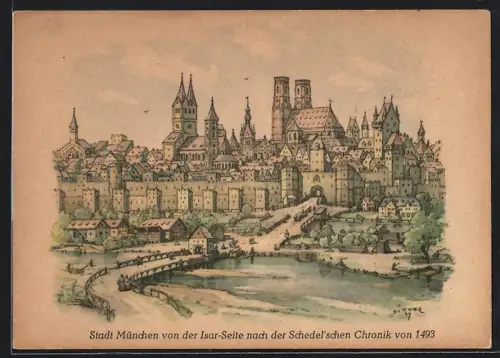 Künstler-AK München, Ortsansicht von der Isar-Seite aus gesehen