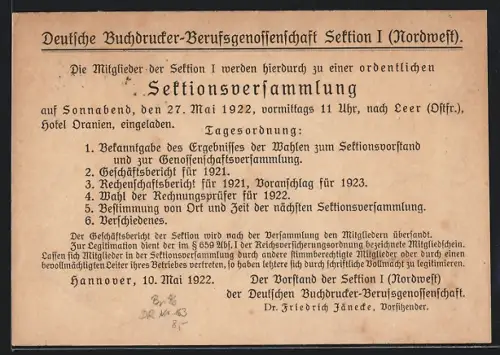 AK Hannover, Einladung zur Sektionsversammlung nach Leer, Hotel Oranien