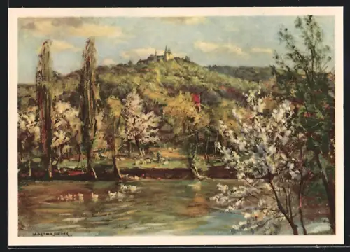 Künstler-AK sign. Walter Gemm: Alt-Halberstadt, Flusspartie mit der Huysburg