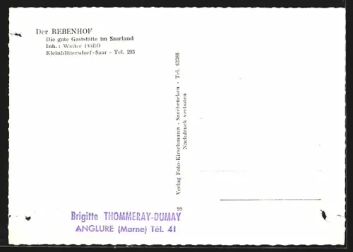 AK Kleinblittersdorf /Saarland, Speisesaal der Gaststätte Rebenhof, Inh. Walter Poro