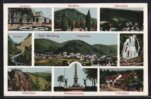 AK Bad Harzburg, Totalansicht, Villenviertel, Molkenhaus, Bismarckdenkmal, Rabenklippe
