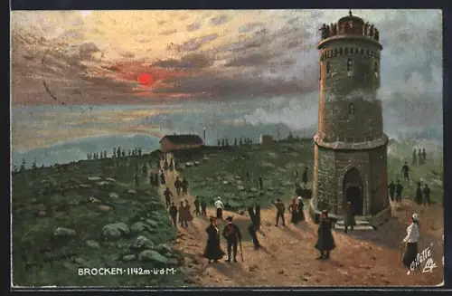 Künstler-AK Brocken, Aussichtsturm bei tief stehender Sonne