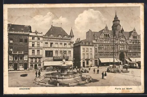AK Aachen, Strassenpartie am Markt mit Geschäften und Brunnen