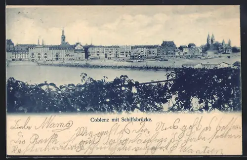 AK Coblenz, Uferpartie mit Schiffsbrücke