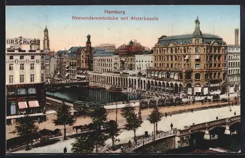 AK Hamburg, Reesendammbrücke mit Geschäften, Alsterbassin und Strassenbahn