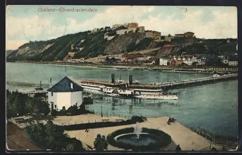 AK Coblenz-Ehrenbreitenstein, Teilansicht mit Festung und Dampfer