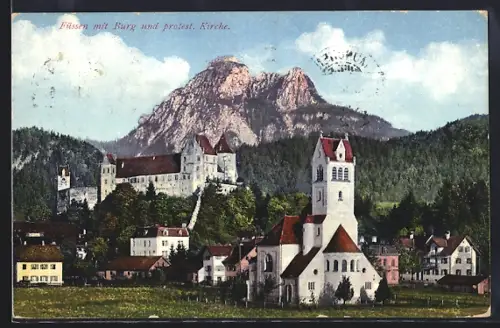 AK Füssen, Ortspartie mit Burg und protest. Kirche