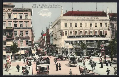AK Berlin, Victoria-Cafe und Geschäfte Unter den Linden Ecke Friedrichstrasse