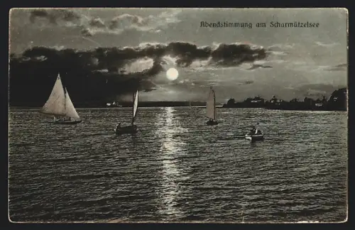 AK Scharmützelsee, Panorama mit Segelbooten bei Mondschein