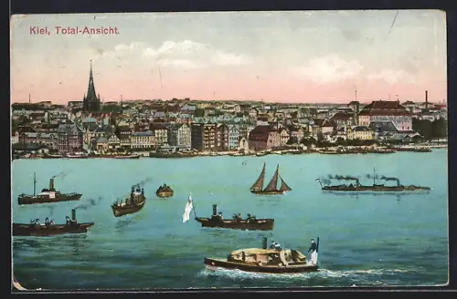AK Kiel, Totalansicht mit Dampfern
