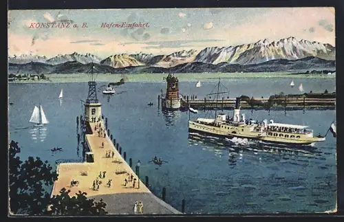 Künstler-AK Konstanz a. B., Hafen-Einfahrt mit Dampfer