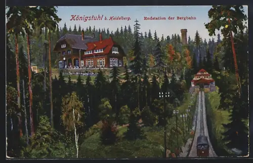 AK Königstuhl b. Heidelberg, Restaurant mit Endstation der Bergbahn
