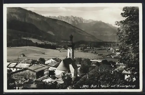 AK Reit im Winkl, Blick über die Ortschaft auf das Kaisergebirge