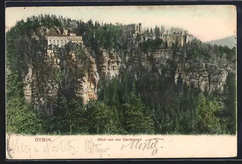 AK Oybin, Blick von der Oertelwand mit Ruine