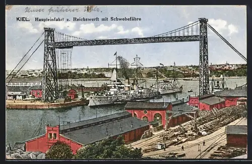 AK Kiel, Haupteinfahrt z. Reichswerft mit Schwebefähre, Schiffe