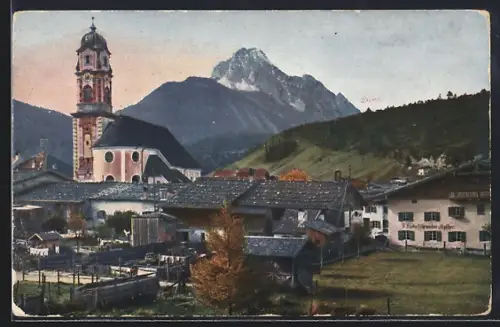 Künstler-AK Mittenwald, Kirche mit Wettersteingebirge