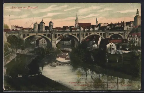 AK Bautzen, Stadtansicht mit Brücke und Türmen