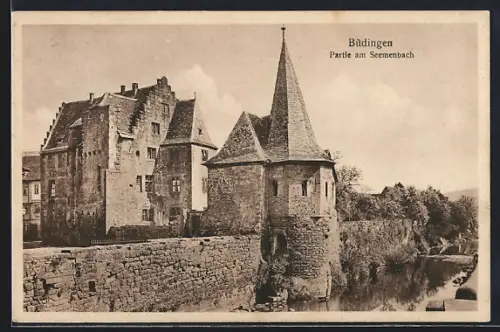 AK Büdingen / Hessen, Partie am Seemenbach, Schloss mit Festungsmauer