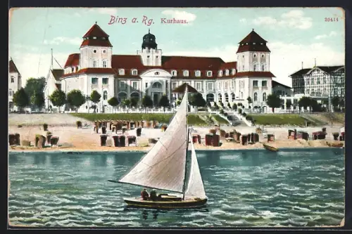 AK Binz a. Rg., Kurhaus, Strand, Segelboot