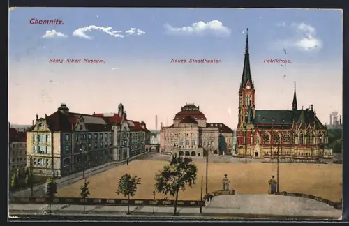 AK Chemnitz, König Albert Museum, Neues Stadttheater, Petrikirche